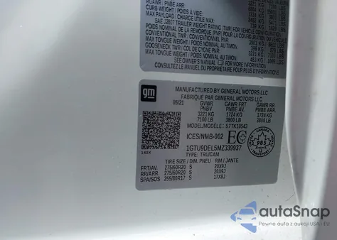 2021 GMC Sierra 1500 4Wd Short Box Slt/4Wd Standard Box Slt from USA, damaged, VIN 1GTU9DEL5MZ339937